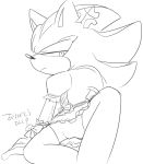  anthro black_and_white bulge clothed clothing cross-popping_vein crossdressing dress english_text eulipotyphlan frown gloves handwear hedgehog japanese_text male mammal monochrome shadow_the_hedgehog sikai sitting solo sonic_(series) text vein 