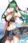  1girl arknights arm_scarf armpits bare_shoulders bead_bracelet beads bikini black_bikini black_choker bracelet breasts choker cleavage clothes_around_waist collarbone cowboy_shot dydydyok eyewear_removed green_eyes green_hair hair_between_eyes highres horn horns hoshiguma_(arknights) jewelry large_breasts long_hair looking_at_viewer navel oni_horns shirt_around_waist sidelocks solo stomach sunglasses swimsuit thighs wading yellow_eyes 