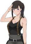  1girl bangs bare_shoulders black_hair black_tank_top blunt_bangs blush breasts cleavage en&#039;en_no_shouboutai large_breasts looking_at_viewer maki_oze ponytail rizuta salute simple_background smile solo suspenders tamaki_kotatsu tank_top white_background 