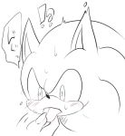  ?! anthro black_and_white blush bodily_fluids claws dialogue disembodied_hand duo eulipotyphlan hedgehog japanese_text low_res male mammal monochrome sikai sonic_(series) sonic_the_hedgehog speech_bubble surprise sweat text tongue_grab 