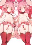  2girls absurdres blush breasts closed_mouth commentary_request curly_hair eyebrows_visible_through_hair garter_belt gloves hair_between_eyes hand_on_hip harigane_shinshi hat heart highres long_hair looking_at_viewer multiple_girls navel neneka_(princess_connect) nipples panties pink_hair pointy_ears princess_connect! princess_connect!_re:dive red_eyes red_legwear red_panties revision simple_background small_breasts smile standing thighhighs topless underwear underwear_only very_long_hair white_background 