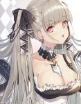  1girl :o artist_name azur_lane bangs bare_shoulders black_bow black_dress blush bow breasts cleavage collarbone commentary detached_collar dress earrings eyebrows_visible_through_hair formidable_(azur_lane) frills gradient gradient_background grey_background hair_bow jewelry large_breasts long_hair looking_at_viewer open_mouth red_eyes shiromoru_(yozakura_rety) signature silver_hair solo twintails upper_body white_background 