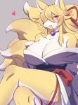  &lt;3 anthro big_breasts blonde_hair blush breasts canid canine cleavage clothed clothing female flesh_fang fox fur grey_background hair japanese_clothing jewelry kemono kimono kyuuri long_hair looking_at_viewer mammal mature_female multi_tail necklace open_mouth open_smile simple_background sitting smile snout solo yellow_fur 