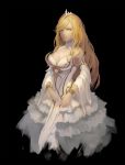 1girl angelia bare_shoulders black_background blonde_hair breasts cleavage detached_sleeves dress gold_trim hair_over_one_eye jewelry long_hair medium_breasts sdorica_-sunset- sketch solo standing tenshin_kagehisa tiara white_dress yellow_eyes 