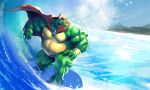  2018 anthro big_muscles cape claws clothing crocodilian crown digital_media_(artwork) donkey_kong_(series) huge_muscles king_k._rool kremling kuroma male musclegut muscular muscular_male nintendo open_mouth outside reptile scalie sea sharp_teeth sky solo surfboard surfing teeth tongue video_games water wave 