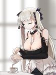 1girl azur_lane bangs bare_shoulders between_breasts black_dress black_ribbon blunt_bangs breasts cleavage closed_eyes commentary_request cup dress eyebrows_visible_through_hair formidable_(azur_lane) frilled_dress frills gan-viking hair_ornament highres holding_teapot large_breasts long_hair long_sleeves looking_at_viewer red_eyes ribbon solo tea teacup twintails 
