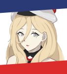  1girl bare_shoulders beret blonde_hair commentary_request dress eyebrows_visible_through_hair french_flag grey_eyes hair_between_eyes hat highres kantai_collection long_hair mole mole_under_eye multicolored multicolored_clothes multicolored_scarf open_mouth pom_pom_(clothes) richelieu_(kantai_collection) scarf sky20409 solo strapless strapless_dress upper_body 