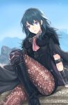  1girl akina_(akn_646) armor black_cape blue_eyes blue_hair byleth_(fire_emblem) byleth_(fire_emblem)_(female) cape closed_mouth fire_emblem fire_emblem:_three_houses high_heels highres medium_hair pantyhose sitting solo 