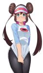  1girl black_legwear blue_eyes blush brown_hair commentary cowboy_shot double_bun embarrassed english_commentary frown highres legs_together long_hair looking_at_viewer mei_(pokemon) no_pants panties panties_under_pantyhose pantyhose pokemon pokemon_(game) pokemon_bw2 raglan_sleeves shirt_tug sidelocks solo standing suwaiya tears twintails underwear very_long_hair visor_cap white_background 