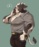  2019 5_fingers anthro belt big_pecs book bottomwear bovid bovine cattle clothed clothing eyewear fingers fully_clothed glasses hi_res horn male mammal muscular muscular_male nipple_outline pants pecs salga_0310 shirt solo topwear 