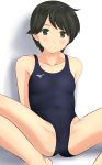  1girl absurdres black_hair black_swimsuit brown_eyes collarbone commentary_request competition_swimsuit flat_chest highres kantai_collection looking_at_viewer mizuno mogami_(kantai_collection) one-piece_swimsuit short_hair simple_background smile solo spread_legs swimsuit takafumi white_background 