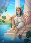  anthro breasts clothing deity dolphydolphiana egyptian_mythology felid female jewelry lion mammal middle_eastern_mythology mythology pantherine plant pyramids sekhmet sitting solo stairs water 