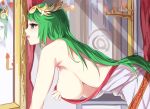  1girl all_fours bare_arms bare_shoulders breasts candle commentary_request dress from_side goddess green_eyes green_hair hair_ornament hanging_breasts highres kid_icarus kid_icarus_uprising large_breasts long_hair looking_at_mirror mirror open_mouth palutena reflection sideboob tears tomas_(kaosu22) white_dress 