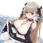  1girl absurdly_long_hair absurdres azur_lane bangs between_breasts black_dress blunt_bangs blush breasts cleavage commentary_request corset dress earrings eyebrows_visible_through_hair formidable_(azur_lane) frilled_dress frills ghost_cc hair_ribbon head_tilt highres holding_dress holding_skirt huge_breasts jewelry light_brown_hair long_hair looking_at_viewer pantyhose red_eyes ribbon see-through sitting solo twintails two-tone_dress two-tone_ribbon very_long_hair wading water wet wet_clothes wet_legwear wet_pantyhose white_legwear 