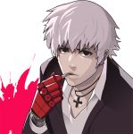  1boy blood blood_splatter brown_eyes cigarette cross cross_necklace formal gloves jewelry k&#039; male_focus necklace pale_skin pink_blood red_glove single_glove smoking solo steward_b suit the_king_of_fighters white_hair 