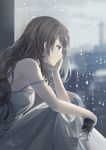  1girl bangs bare_arms bare_shoulders blurry blurry_background breasts brown_eyes brown_hair building can closed_mouth commentary_request dress from_side holding holding_can kagachi_saku large_breasts long_hair looking_out_window original rain sitting wavy_hair white_dress window 