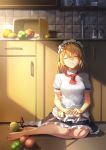  1girl apple apron bangs barefoot bell black_skirt blonde_hair blush braid breasts broccoli cat commentary_request cup dress drooling eyebrows_visible_through_hair faucet food frilled_apron frilled_headband frilled_skirt frills fruit g36_(girls_frontline) girls_frontline gloves hair_between_eyes highres indoors jingle_bell kitchen long_hair maid maid_apron maid_headdress medium_breasts mug no_shoes on_floor parted_lips potato revision short_sleeves sidelocks sitting skirt sleeping smile solo very_long_hair vikpie white_apron yokozuwari 