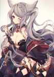  1girl animal_ears bangs bare_shoulders black_legwear blush braid breasts brown_eyes choker chromatic_aberration cleavage collarbone erune eyebrows_visible_through_hair fraux granblue_fantasy grey_background hand_in_hair hand_up highres homaderi long_hair long_sleeves looking_at_viewer medium_breasts one_eye_closed silver_hair simple_background smile solo swept_bangs thighhighs twintails 