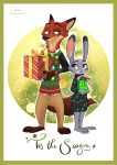  absurd_res animated canid canine christmas clothing dipstick_ears disney english_text female fox gift green_eyes hi_res holidays judy_hopps lagomorph leporid male mammal multicolored_ears nick_wilde purple_eyes qalcove rabbit smile text zootopia 
