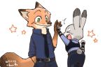  2017 anthro belt canid canine clothed clothing disney female fox fur grey_fur judy_hopps lagomorph leporid male mammal necktie nick_wilde orange_fur police_uniform rabbit rikuo_(artist) simple_background uniform white_background zootopia 