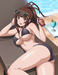  1girl :d bachou_mouki bangs bare_arms bare_legs bikini black_bikini blunt_bangs bracelet breasts brown_eyes brown_hair cleavage cocktail_glass cup drinking_glass drinking_straw eyewear_on_head ikkitousen jewelry long_hair lotion_bottle lying navel on_side open_mouth ponytail poolside shiny shiny_hair shiny_skin sideboob smile solo sunglasses swimsuit underboob 