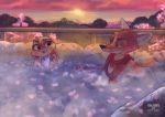  absurd_res canid canine cherry_blossom cloud covering covering_self duo female fox gesture hi_res hot_spring lagomorph leporid male mammal plant qalcove rabbit scarf sea sky sun water 