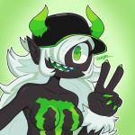  1:1 absurd_res beverage black_skin breasts clothing demon energy_drink female fingers green_eyes hair hat headgear headwear hi_res horn humanoid humanoid_pointy_ears long_hair looking_at_viewer monster-chan monster_energy not_furry open_mouth santoyo sharp_teeth simple_background smile solo teeth tongue white_hair 