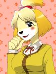  2017 5_fingers animal_crossing anthro black_eyes black_nose blush breasts canid canine canis clothed clothing domestic_dog dress_shirt fangs female fingers fur happy isabelle_(animal_crossing) jacket ktn999999999 looking_at_viewer mammal nintendo open_mouth ribbons shih_tzu shirt simple_background solo topwear toy_dog video_games white_fur yellow_fur 