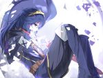  1girl bangs blue_dress blue_eyes blue_footwear blue_gloves blue_hair blue_scarf breasts cape commentary_request dress falchion_(fire_emblem) fingerless_gloves fire_emblem fire_emblem_awakening fire_emblem_heroes gloves highres holding holding_sword holding_weapon large_breasts long_hair lucina_(fire_emblem) scarf shoulder_armor strap super_smash_bros. sword tiara tomas_(kaosu22) weapon 