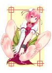  1girl bandaged_arm bandages barefoot chain commentary_request cuffs double_bun eyebrows_visible_through_hair feet flower full_body green_skirt highres ibaraki_kasen leafar looking_at_viewer pink_eyes pink_flower pink_hair pink_rose pov_feet puffy_short_sleeves puffy_sleeves ribbon rose shackles shirt short_hair short_sleeves simple_background sitting skirt smile soles solo tabard toes touhou white_shirt 