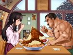  1boy 1girl akagi_(kantai_collection) belt black_eyes black_hair blush chair closed_eyes eating facial_hair final_fight food_request hakama indoors japanese_clothes kantai_collection long_hair mike_haggar muscle mustache poster sidelocks sitting spoon table taka_(takahirokun) wide_sleeves window 