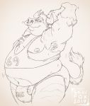  2019 anthro armpit_hair belly big_belly black_and_white bottomwear bovid bovine bulge cattle clothed clothing eyes_closed facial_piercing fur hi_res horn male mammal monochrome moobs musclegut navel nipples nose_piercing nose_ring overweight overweight_male penis piercing shirt simple_background skaifox sketch smile solo stretching tank_top topwear underwear vein veiny_penis white_background 