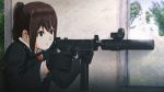  1girl broken_window brown_hair commentary finger_on_trigger gloves gun highres holding holding_gun holding_weapon houtinti original ponytail pp-91_kedr solo submachine_gun suppressor weapon 