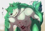  2019 anthro balls black_nose blush canid canine canis censor_bar censored fur green_fur hi_res humanoid_penis japanese_text male mammal nipples open_mouth penis solo text toraya_inugami white_fur wolf 