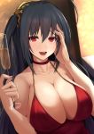  1girl absurdres ahoge azur_lane bare_shoulders black_hair breasts champagne_flute choker cleavage collarbone commentary_request cup dress drinking_glass fingernails hand_on_own_head highres holding kanzaki_kureha large_breasts long_fingernails long_hair nail_polish one_side_up purple_nails red_choker red_dress red_eyes sleeveless sleeveless_dress solo straight_hair taihou_(azur_lane) upper_body very_long_hair 