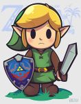  1boy artist_name belt black_eyes blonde_hair blush brown_belt brown_footwear commentary eyebrows_visible_through_hair frown green_headwear green_shirt highres holding holding_shield holding_sword holding_weapon link long_sleeves pointy_ears shield shirt shoes solid_oval_eyes solo sword the_legend_of_zelda the_legend_of_zelda:_link&#039;s_awakening weapon woofzilla 