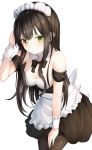  1girl alternate_costume apron arm_up bangs bare_shoulders black_hair black_neckwear blush bow bowtie breasts brown_legwear brown_skirt cleavage closed_mouth collar commentary_request detached_collar enmaided eyebrows_visible_through_hair frilled_apron frills green_eyes highres long_hair looking_at_viewer maid maid_headdress medium_breasts pantyhose pleated_skirt shiero. simple_background skirt solo strapless tatsumi_kon urara_meirochou very_long_hair waist_apron white_apron white_background white_collar wing_collar wrist_cuffs 