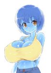  1girl blue_hair breasts brown_eyes covered_nipples denim denim_shorts ebizome goo_girl huge_breasts looking_at_viewer monster_girl navel oppai_loli original shirt short_hair shorts simple_background sketch smile tank_top taut_clothes taut_shirt white_background 