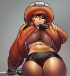  1girl black_gloves black_shorts breasts brown_eyes brown_hair closed_mouth curvy english_commentary fingerless_gloves from_below gloves grey_background guilty_gear guilty_gear_2020 guilty_gear_xrd highres holding holding_weapon large_breasts looking_down may_(guilty_gear) navel orange_headwear orange_hoodie orange_shirt ph_draw shirt short_shorts shorts skull_and_crossbones smile stomach thick_thighs thighs underboob weapon 