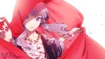  1girl bracelet cloak collarbone expressionless floral_print highres holding_cloth japanese_clothes jewelry kimono koyubi_right lipstick looking_at_viewer makeup nail_polish neck_ruff petals purple_eyes purple_hair purple_kimono red_cloak red_nails sarashi short_hair_with_long_locks sidelocks solo upper_body vocaloid voiceroid white_background yuzuki_yukari 