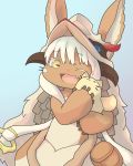  2018 5_fingers anthro bag brown_fur clothing cub cute_fangs felid feline female feral fingers fur hair headgear headwear hi_res horn made_in_abyss mammal nanachi narehate one_eye_closed open_mouth simple_background solo tan_fur wadorigi whiskers white_fur white_hair yellow_eyes young 