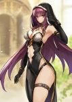  1girl bangs bare_shoulders black_gloves black_leotard blurry blurry_background breasts cleavage cross cross_necklace elbow_gloves ero_waifu fate/grand_order fate_(series) gloves highleg highleg_leotard jewelry large_breasts leotard long_hair looking_at_viewer navel navel_cutout necklace purple_hair red_eyes scathach_(fate)_(all) scathach_(fate/grand_order) solo thigh_strap thighs veil 
