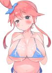  1girl bikini blue_bikini blue_eyes blush breasts covered_nipples cum cum_on_body cum_on_breasts cum_on_clothes cum_on_upper_body eyebrows_visible_through_hair fuuro_(pokemon) hair_between_eyes hair_flaps hair_ornament hands_on_own_chest head_tilt highres large_breasts long_hair looking_at_viewer micro_bikini navel one_side_up pink_hair pokemon pokemon_(game) pokemon_bw side-tie_bikini sidelocks simple_background solo sweat swimsuit toranoe upper_body white_background 