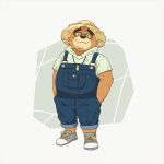  1:1 2019 absurd_res anthro brown_fur clothing eyewear fatkylefat fur glasses hat headgear headwear hi_res male mammal overalls simple_background slightly_chubby solo straw_hat tokyo_afterschool_summoners ursid video_games volos 