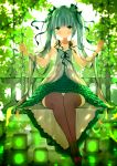  1girl bangs bare_arms bare_shoulders blunt_bangs blurry blurry_background blurry_foreground blush breasts cleavage collarbone commentary depth_of_field dress glowing green_dress green_eyes green_footwear green_hair hands_up hatsune_miku highres jewelry layered_dress long_hair pendant pleated_dress senya_fuurin shoes sitting small_breasts solo swing symbol_commentary twintails very_long_hair vocaloid white_dress 