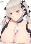  1girl absurdres areolae artist_name azur_lane band-width bangs bare_shoulders between_breasts breast_press breasts closed_mouth dress earrings eyebrows_visible_through_hair formidable_(azur_lane) hair_ribbon head_tilt highres huge_breasts jewelry long_hair long_sleeves red_eyes ribbon silver_hair simple_background solo twintails two-tone_dress two-tone_ribbon upper_body very_long_hair white_background 