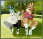  2019 5_fingers blue_eyes blue_fur border clothed clothing d.a.r.e. dewlap_(anatomy) drugs duo eyelashes fangs female field fingers footwear fully_clothed fur hair hair_over_eye hazel_(shakotanbunny) hi_res klaus_(shakotanbunny) knee_socks lagomorph legwear leporid male mammal marijuana open_mouth outside rabbit shakotanbunny shirt shoes signature sitting smoke smoking socks t-shirt topwear tree 