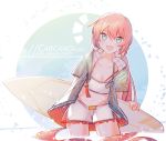  1girl :d alternate_costume blue_background carcano_m1891_(girls_frontline) character_name commentary_request girls_frontline green_eyes jacket kky long_hair looking_at_viewer male_swimwear navel open_mouth partially_submerged pink_hair smile solo surfboard swim_trunks swimwear twitter_username two-tone_background very_long_hair white_background 