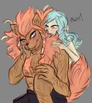  anthro arm_hair blue_hair blush body_hair briefs canid canine canis carbon8tion chest_hair clothed clothing digital_media_(artwork) duo fur garsha_wolfein hair hairy humanoid inazuma_eleven_(series) leg_hair male mammal muscular muscular_male navel nipples pecs pink_hair simple_background sketch smile text topless underwear vampire vanfeny_vamp were werecanid werecanine werewolf wolf 