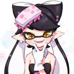  +_+ 1girl aori_(splatoon) black_hair black_jumpsuit blush brown_eyes busujima_funya commentary detached_collar domino_mask dress earrings eyebrows_visible_through_hair fangs food food_on_head gloves jewelry light_particles long_hair looking_at_viewer mask mole mole_under_eye object_on_head open_mouth pointy_ears purple_tongue simple_background smile solo splatoon_(series) splatoon_1 strapless strapless_dress tentacle_hair upper_body v white_background white_gloves 